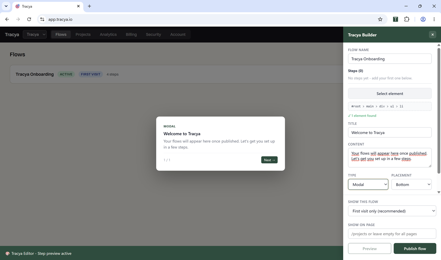 Tracya Builder open on app.tracya.io - live extension injecting a tooltip on a real app